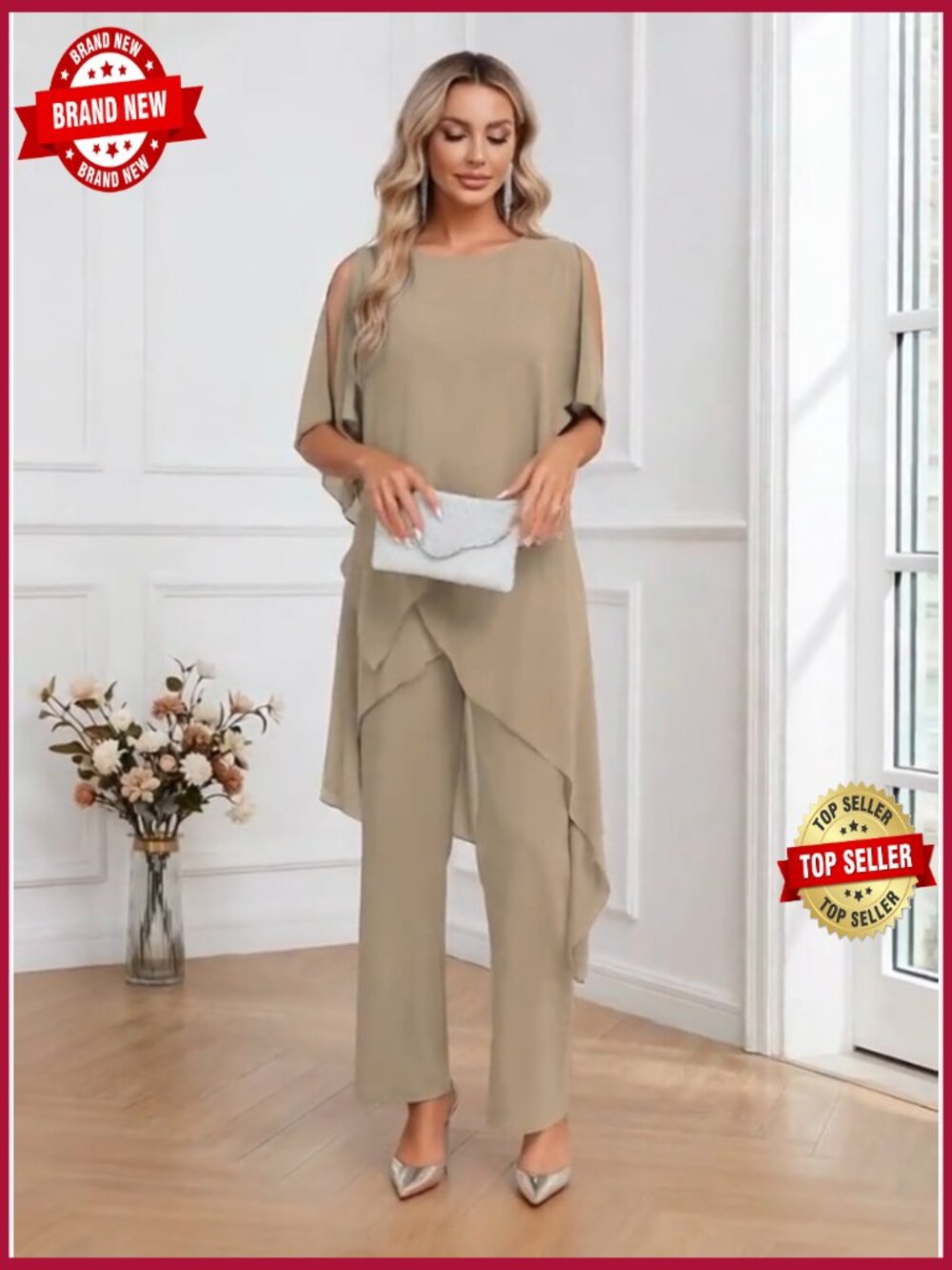 Mother of Bride Chiffon Pants Suit 2 Piece Dressy Formal Evening Outfit - Picture 7 of 7